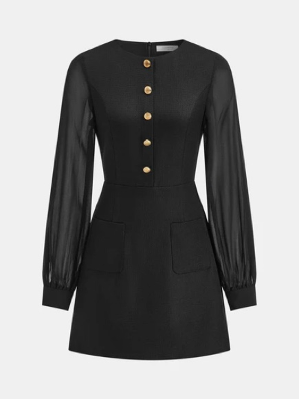 Commense Sheer Sleeve Metal Detail Tweed Mini Dress